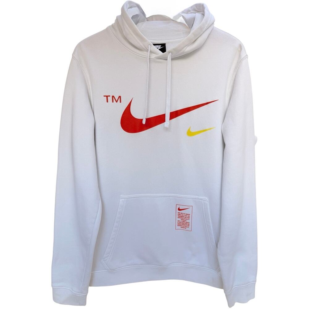 Nike Hoodie Mens Large White Swoosh Graphic Pullover Sweatshirt Athletic